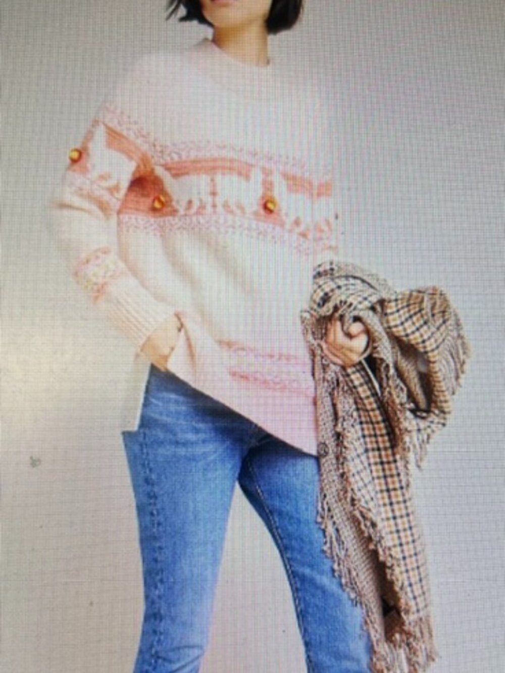 Anthropologie Aimee Pink Peach Pom-Pom Wool Blend Mock T Pull On Llama Sweater